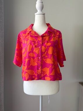 Fashion Nova Women’s Pink Orange Floral Crop Button Front Top Size L NWT Rayon